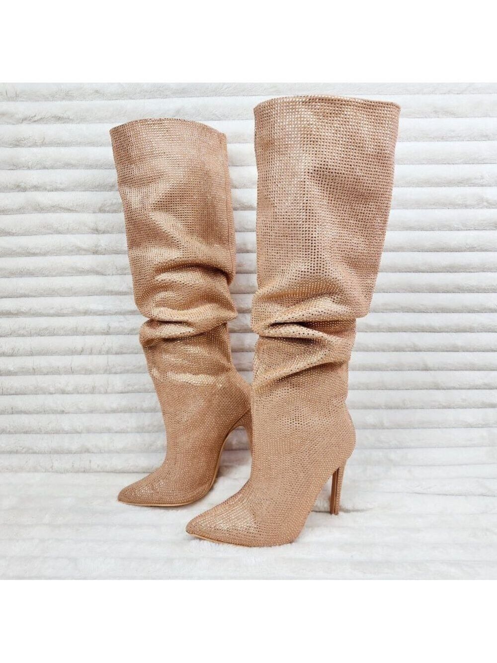 Radiant Beige Rhinestone High Heel Slouch Knee High Boots